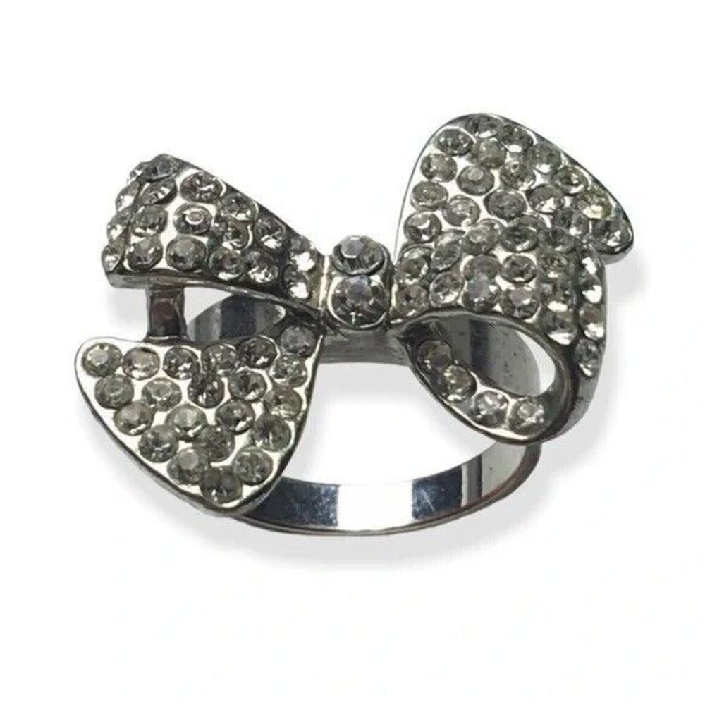 Bow Ring Size 6.25 Silver Tone Pave Style Rhinestone Cluster